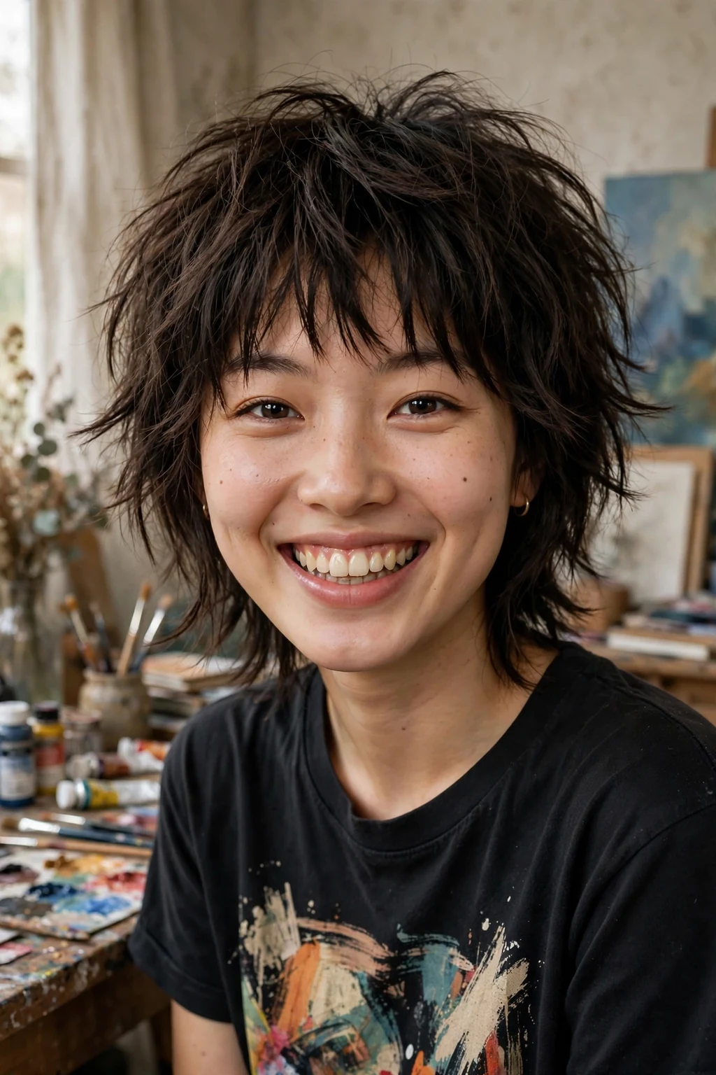 Beautiful woman with choppy shag cut, bold choppy shag layers, dynamic light.