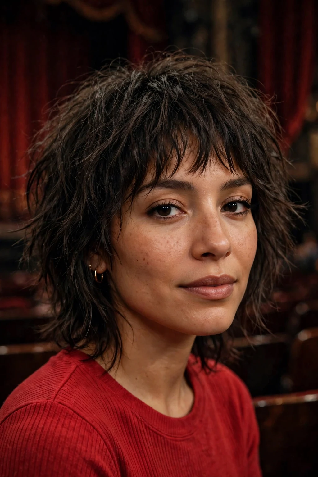 Beautiful woman with fine hair and choppy shag, dramatic choppy shag, bold light.