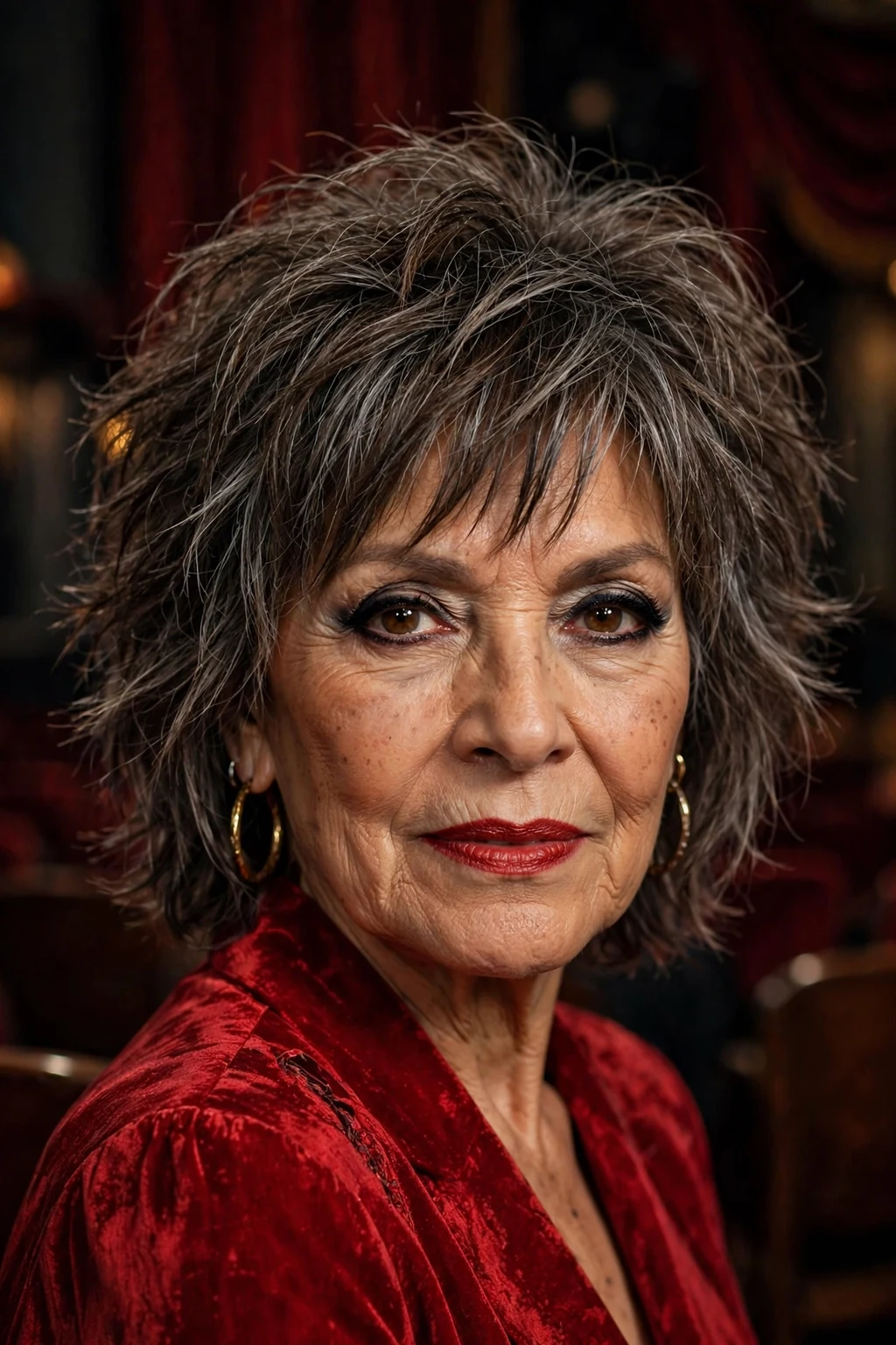 Beautiful woman over 60 with choppy shag, dramatic choppy shag, bold light.