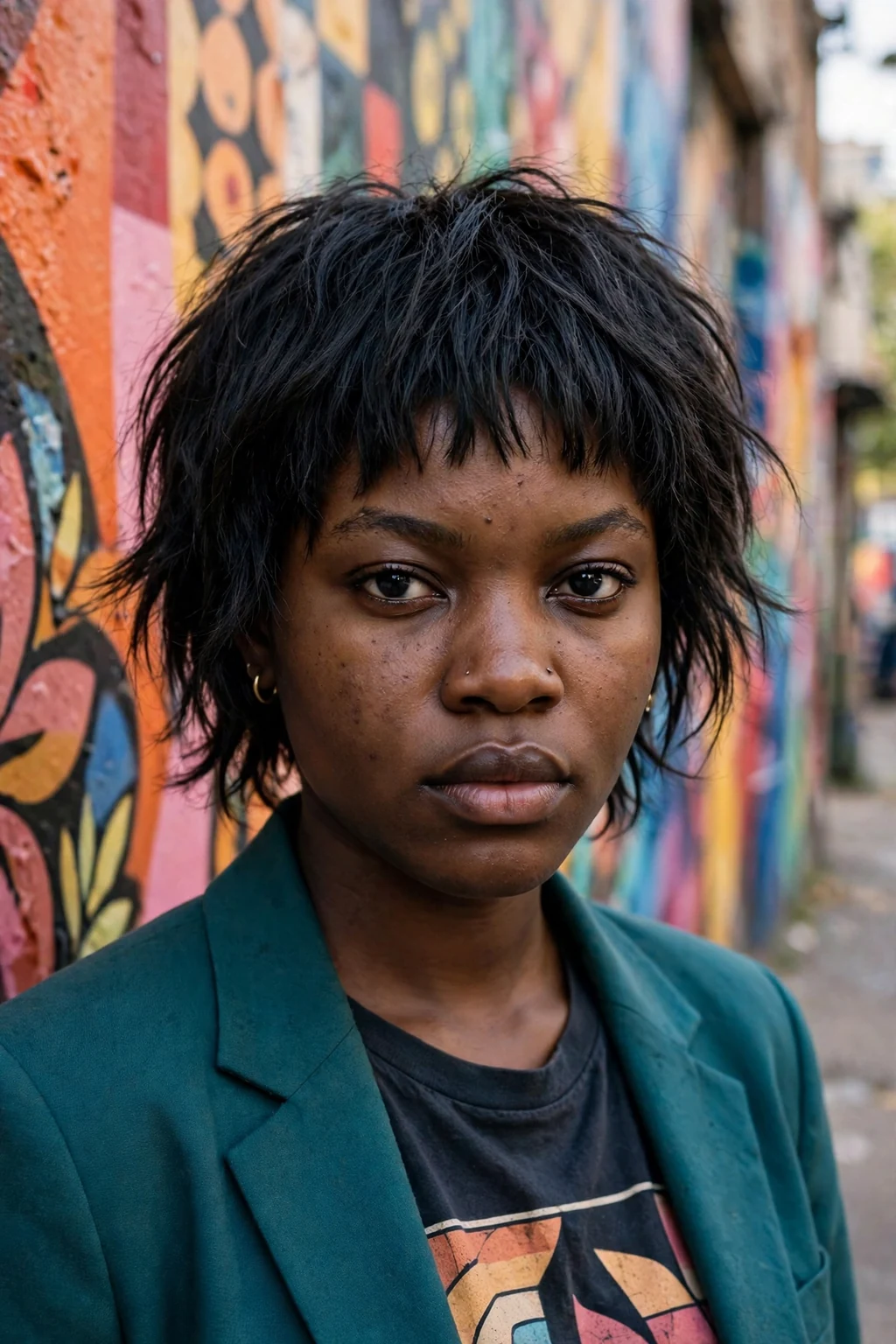 A young woman with a choppy shag and micro bangs, posing by a colorful street mural.