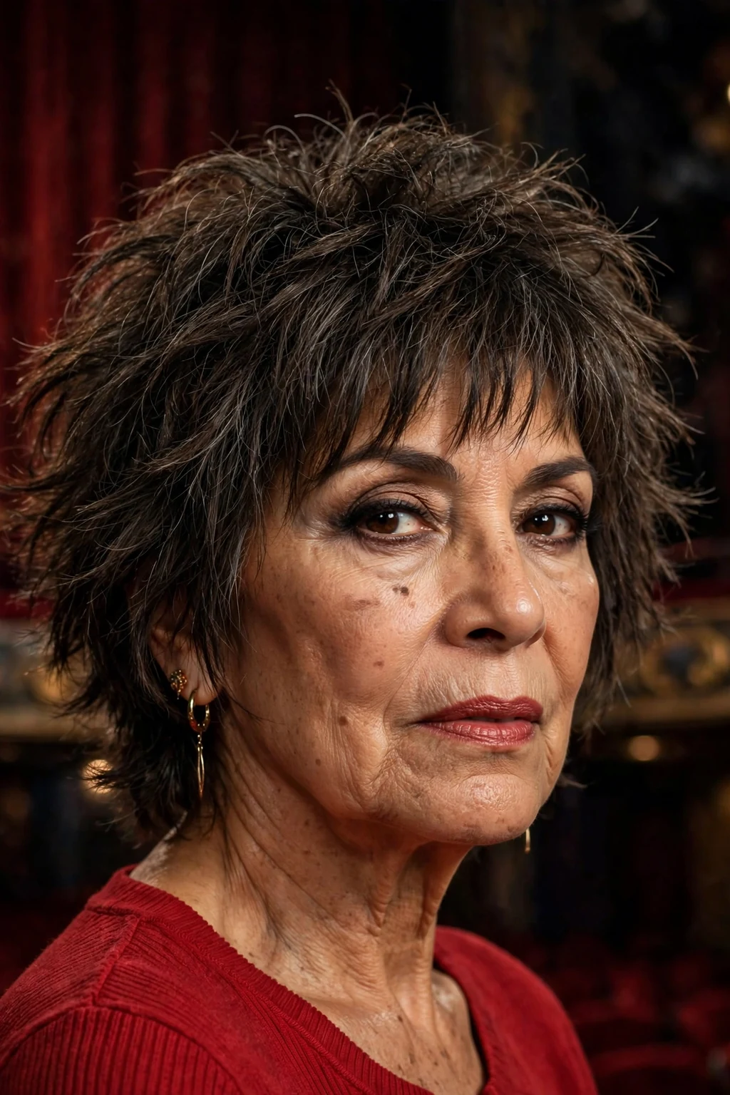 Beautiful woman over 50 with choppy shag, dramatic choppy shag, bold light.