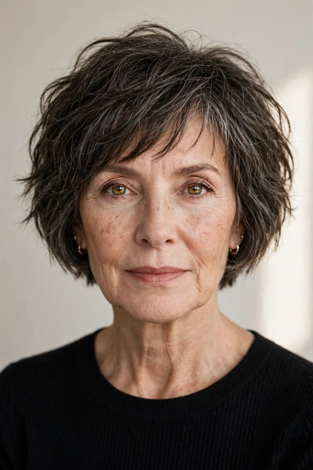 Elegant woman over 50 with choppy short bob, edgy piece-y texture, bold light.