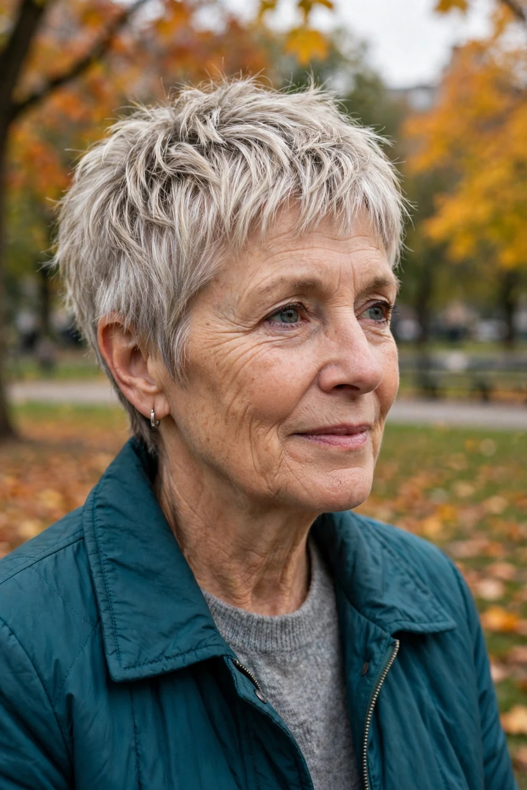An older woman with a choppy short pixie, wearing a teal coat in a city park.