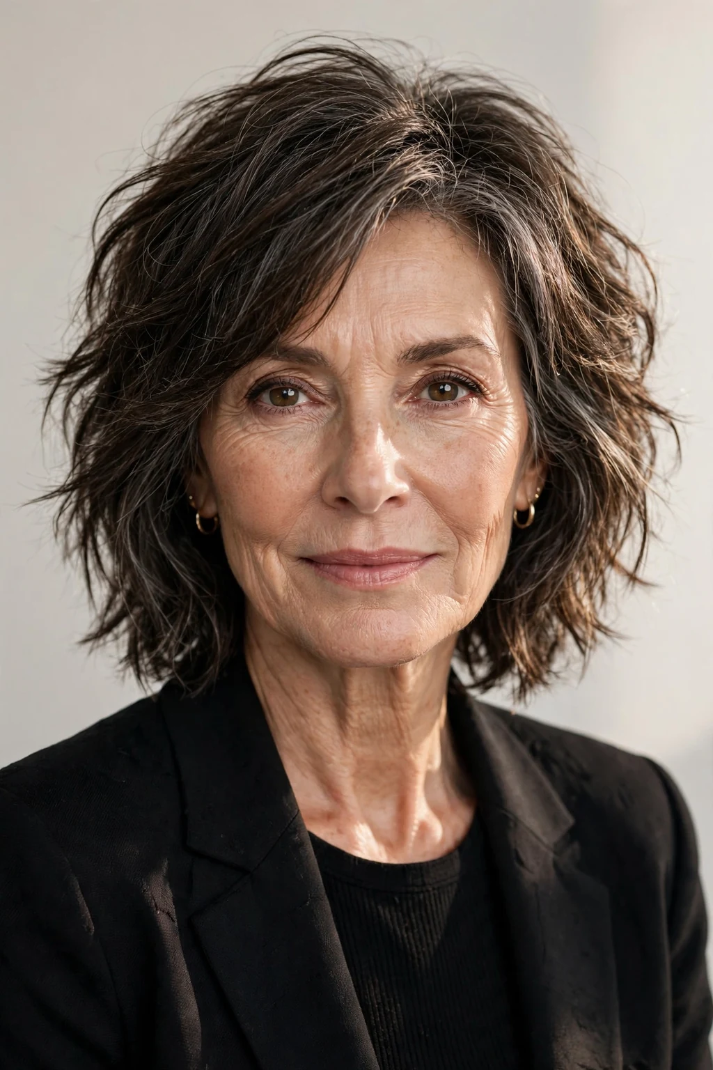 Elegant older woman with choppy shoulder cut, modern textured style, bold soft light.