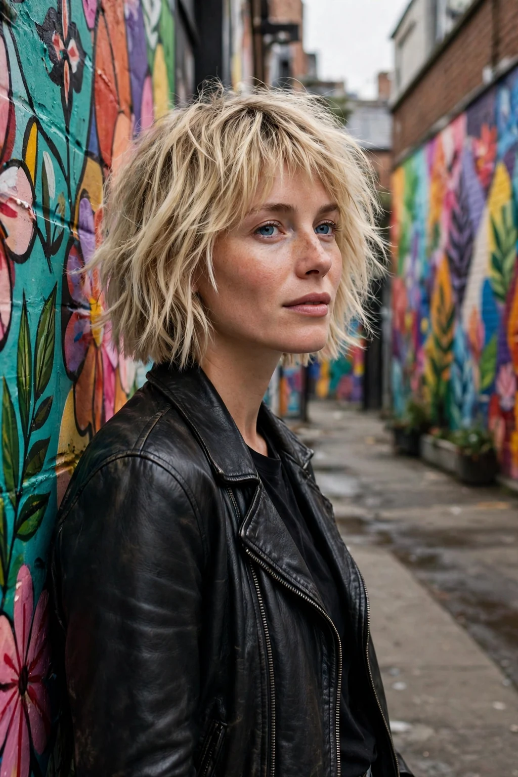 A young woman with a choppy textured chin bob, wearing a leather jacket in an urban street mural area.