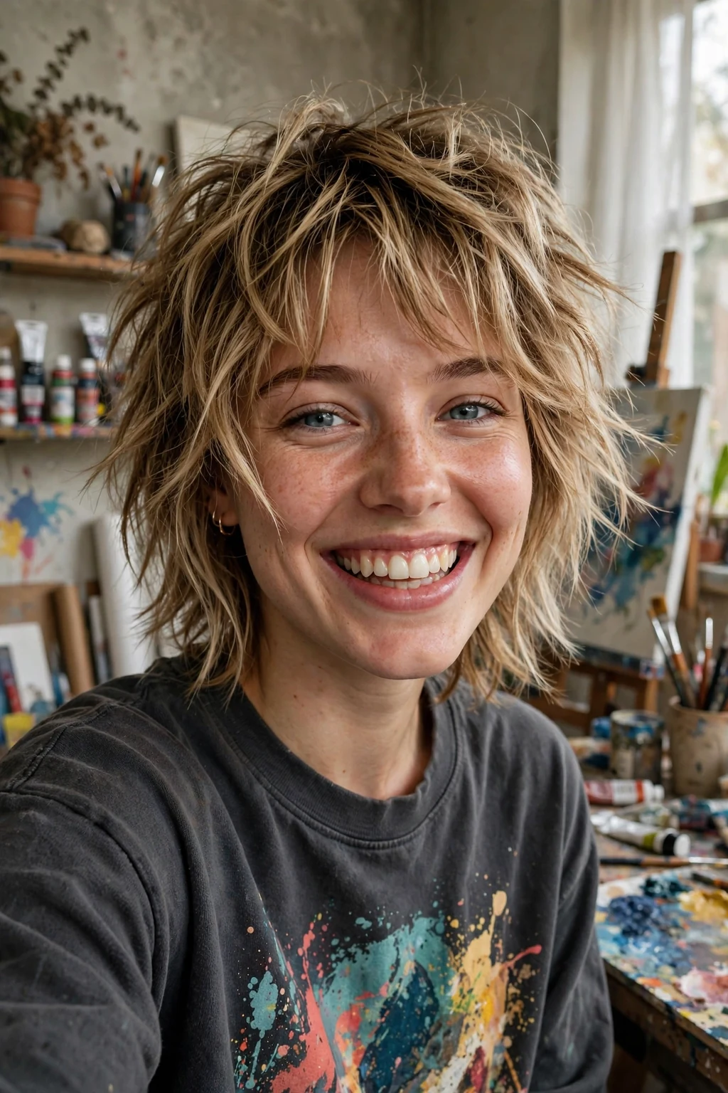 Beautiful woman with choppy textured layers, bold choppy layers, dynamic light.