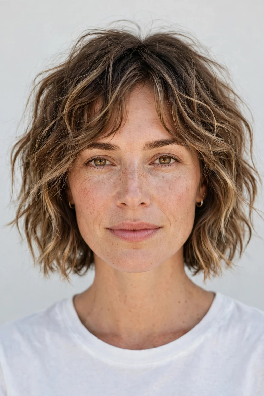 Woman with wavy choppy bob, tousled waves with piece-y texture, beachy natural light.