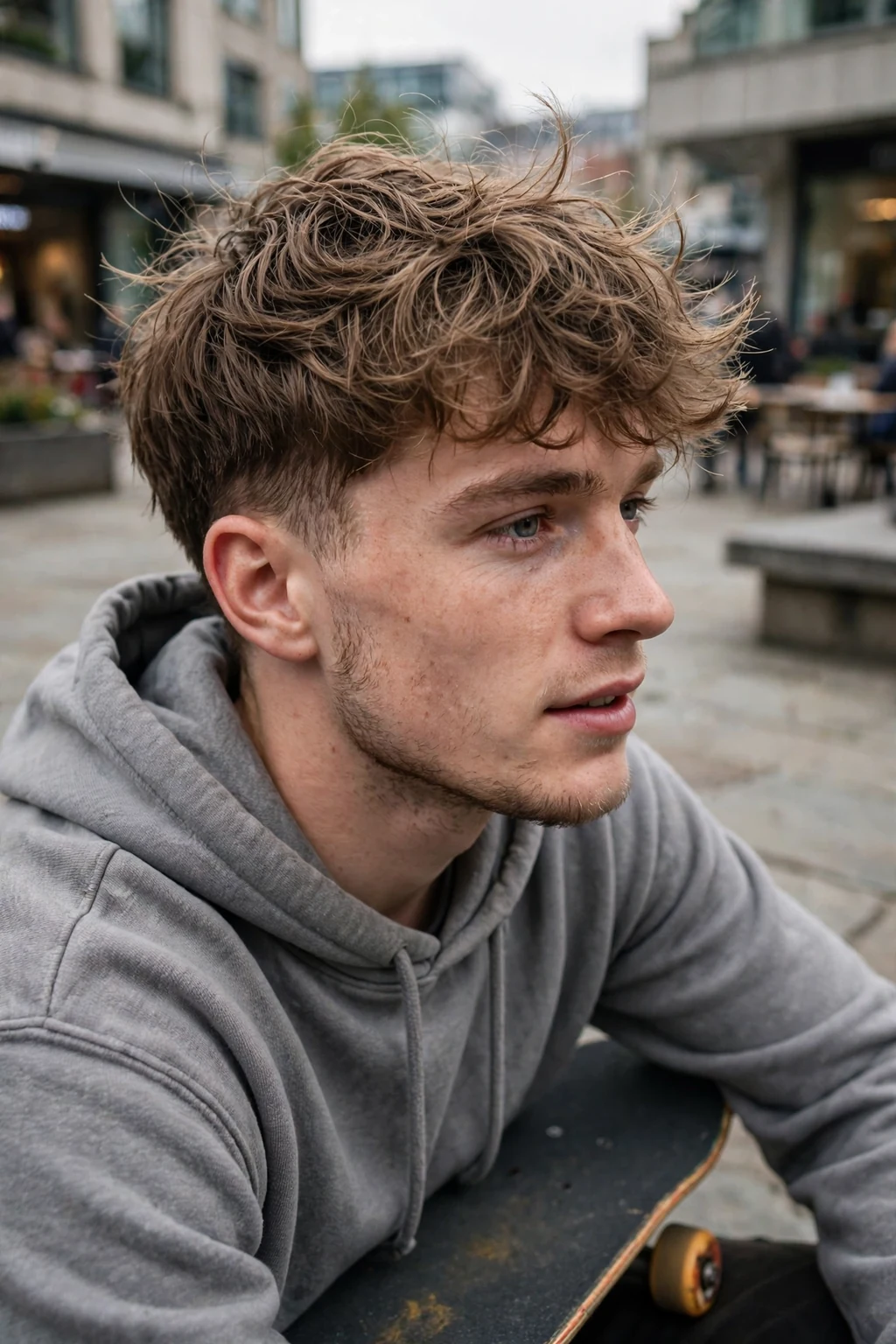 Young man with a choppy wavy crop for thick hair, sitting on a skateboard at a city plaza in a grey hoodie.