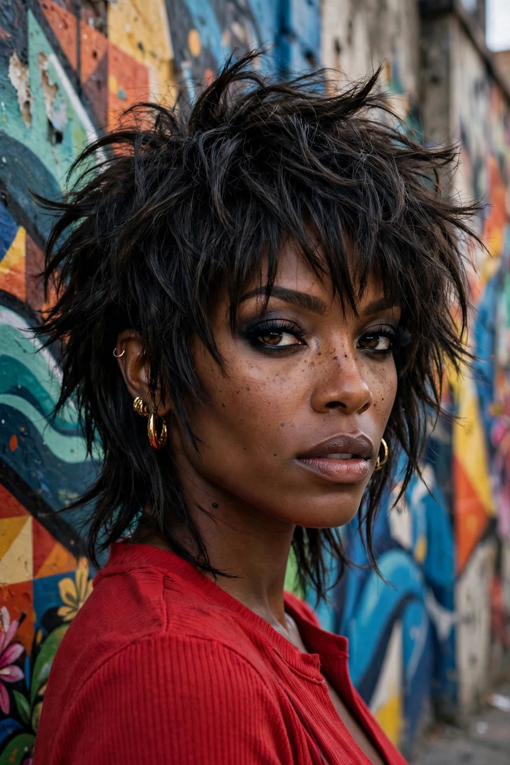 Beautiful woman with choppy wolf cut, dramatic choppy wolf, bold light.
