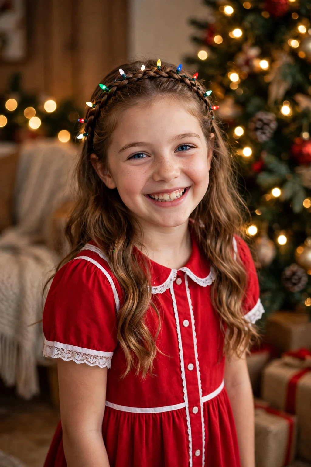 A young girl with a Christmas lights braided headband with tiny colorful light clips woven in.