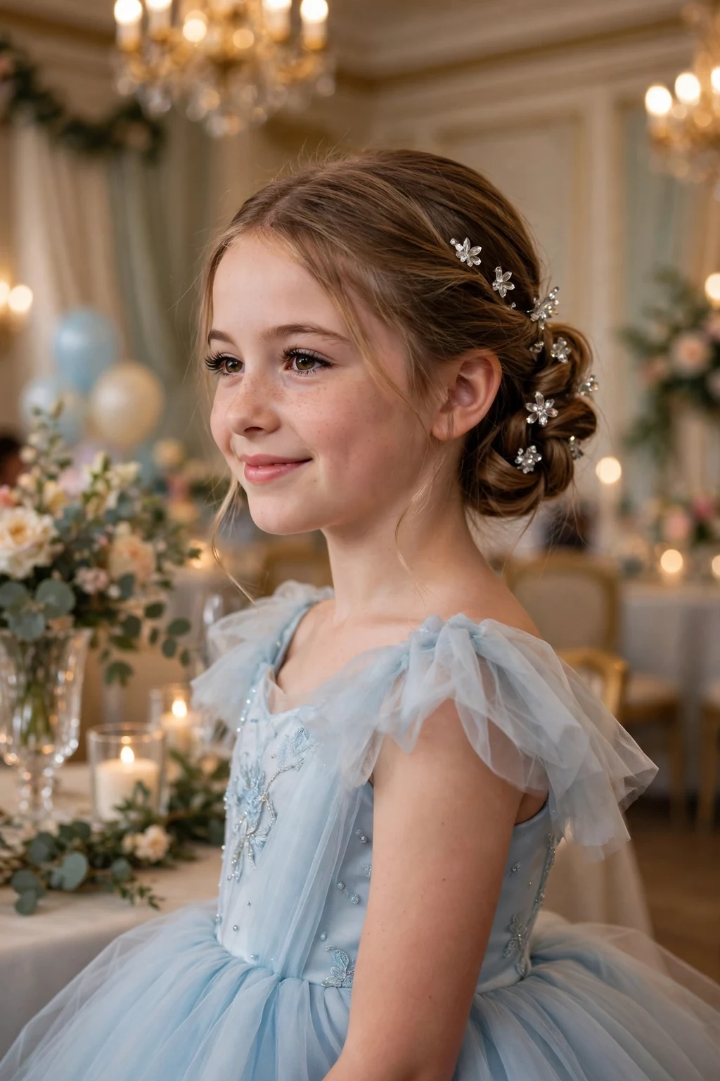 A young girl with a low twisted updo and crystal clips at a ballroom party.