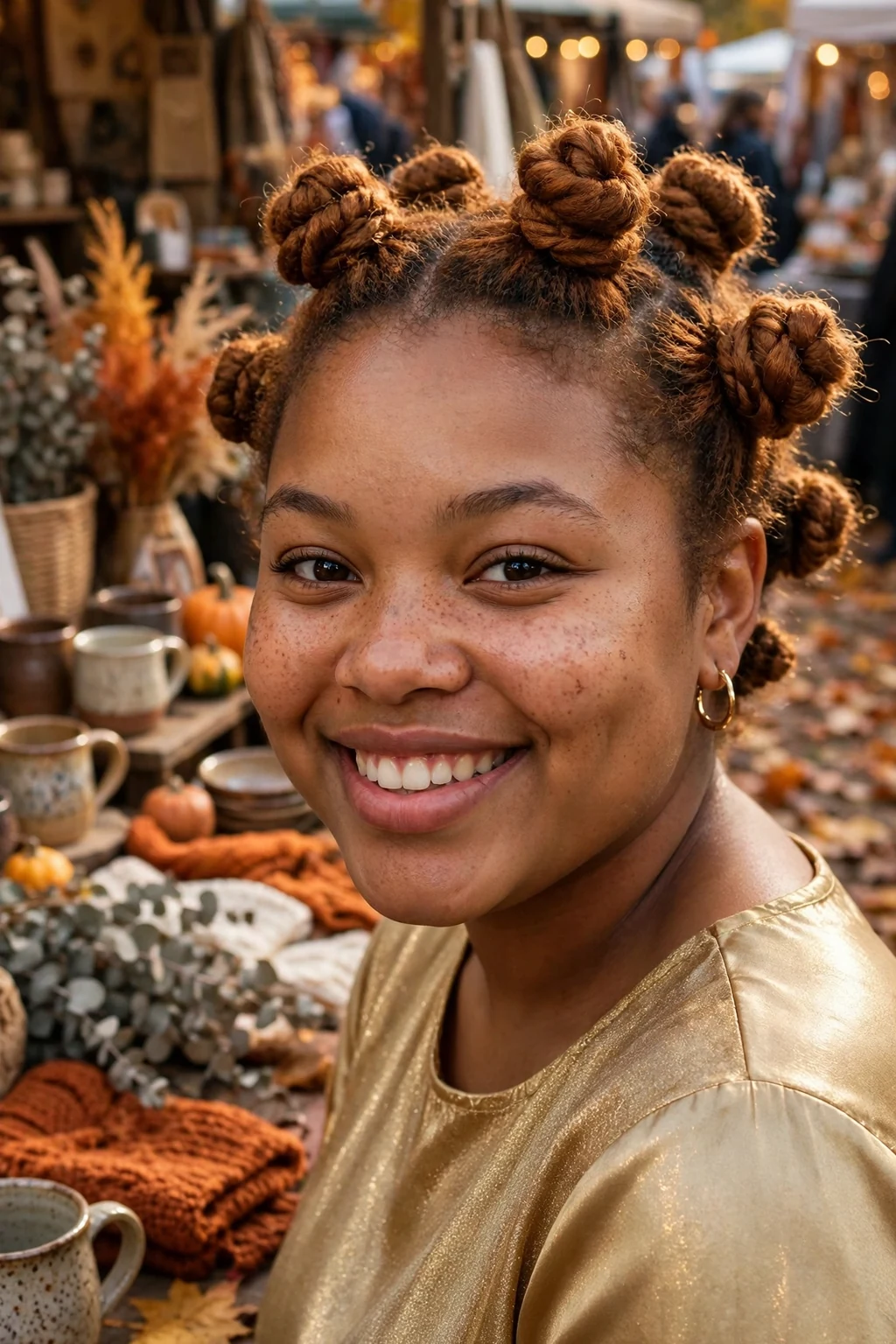 Young Black woman with cinnamon bantu knots arranged across her head, wearing a gold top, at an autumn art market.