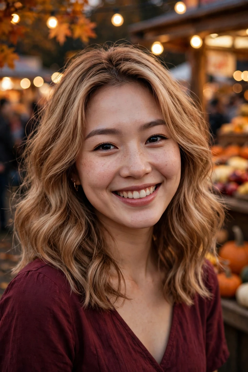 Young woman with cinnamon sugar blonde hair in loose waves, wearing a maroon dress at a fall festival.