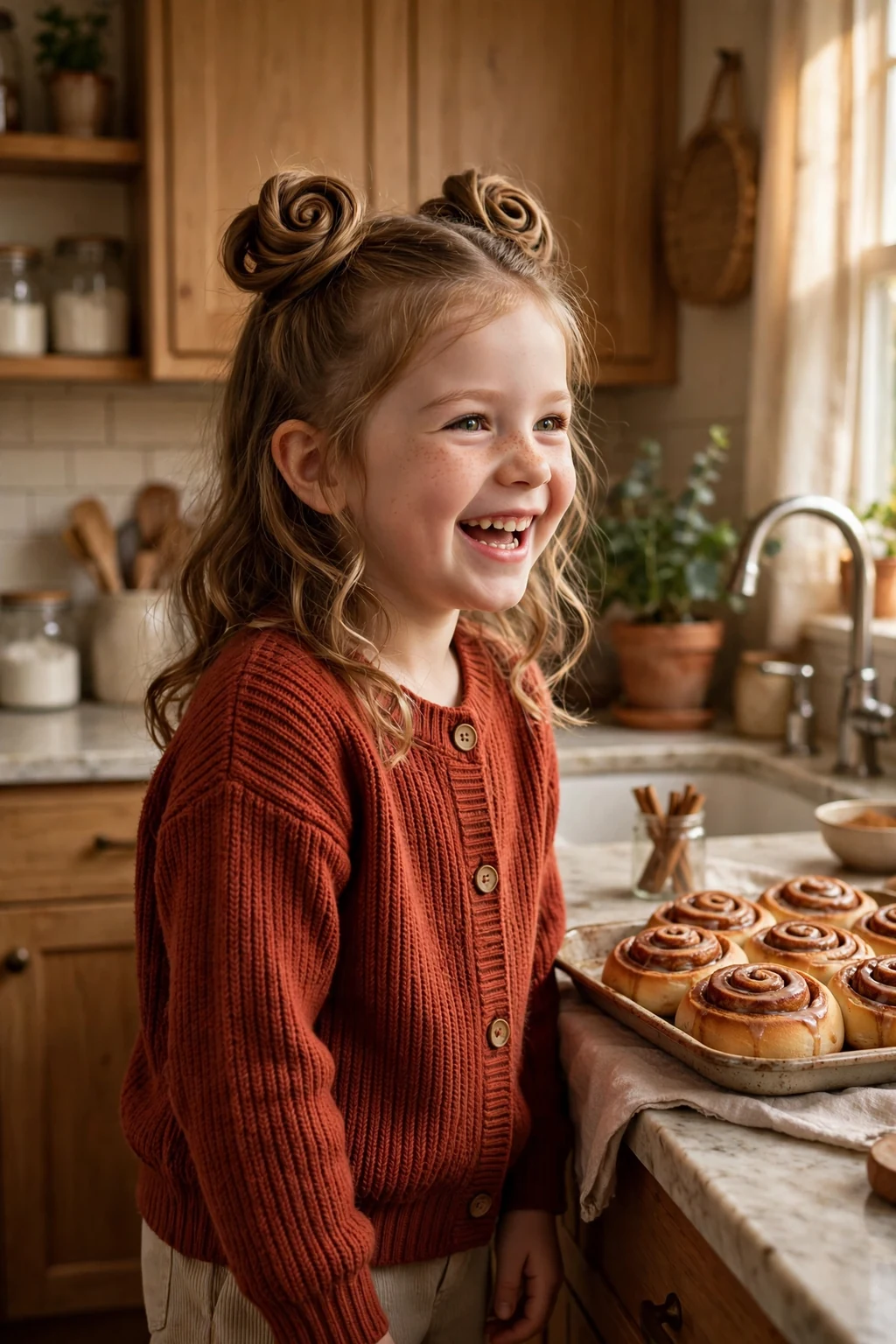 A young girl with two cinnamon swirl buns on top of her head, wearing a rust cardigan in a kitchen with cinnamon rolls.