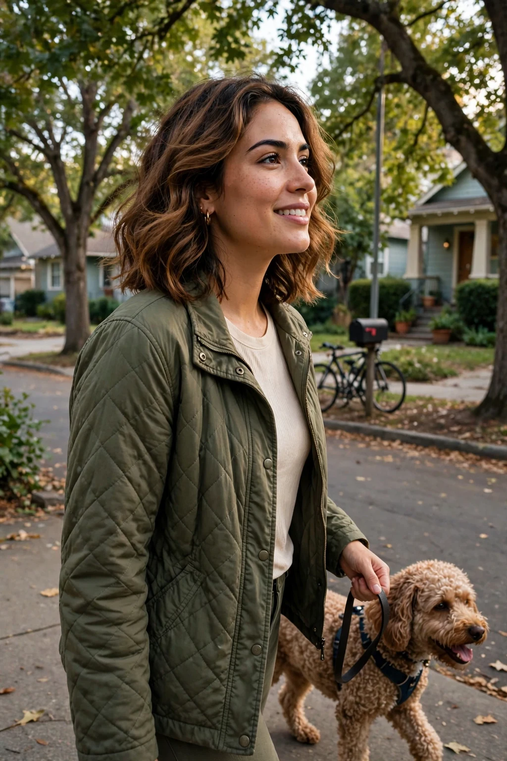 Young woman with a cinnamon wavy midi cut, walking a dog in a leafy neighbourhood wearing an olive jacket.