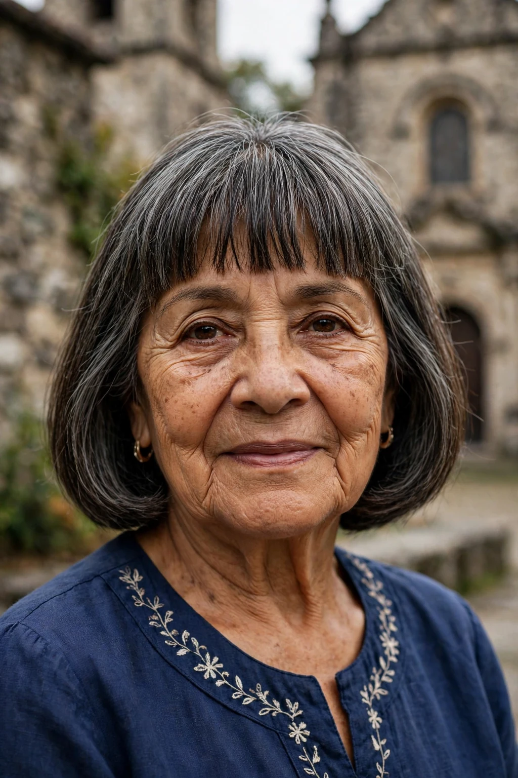 Beautiful older woman with classic bangs, timeless classic bangs, enduring light.
