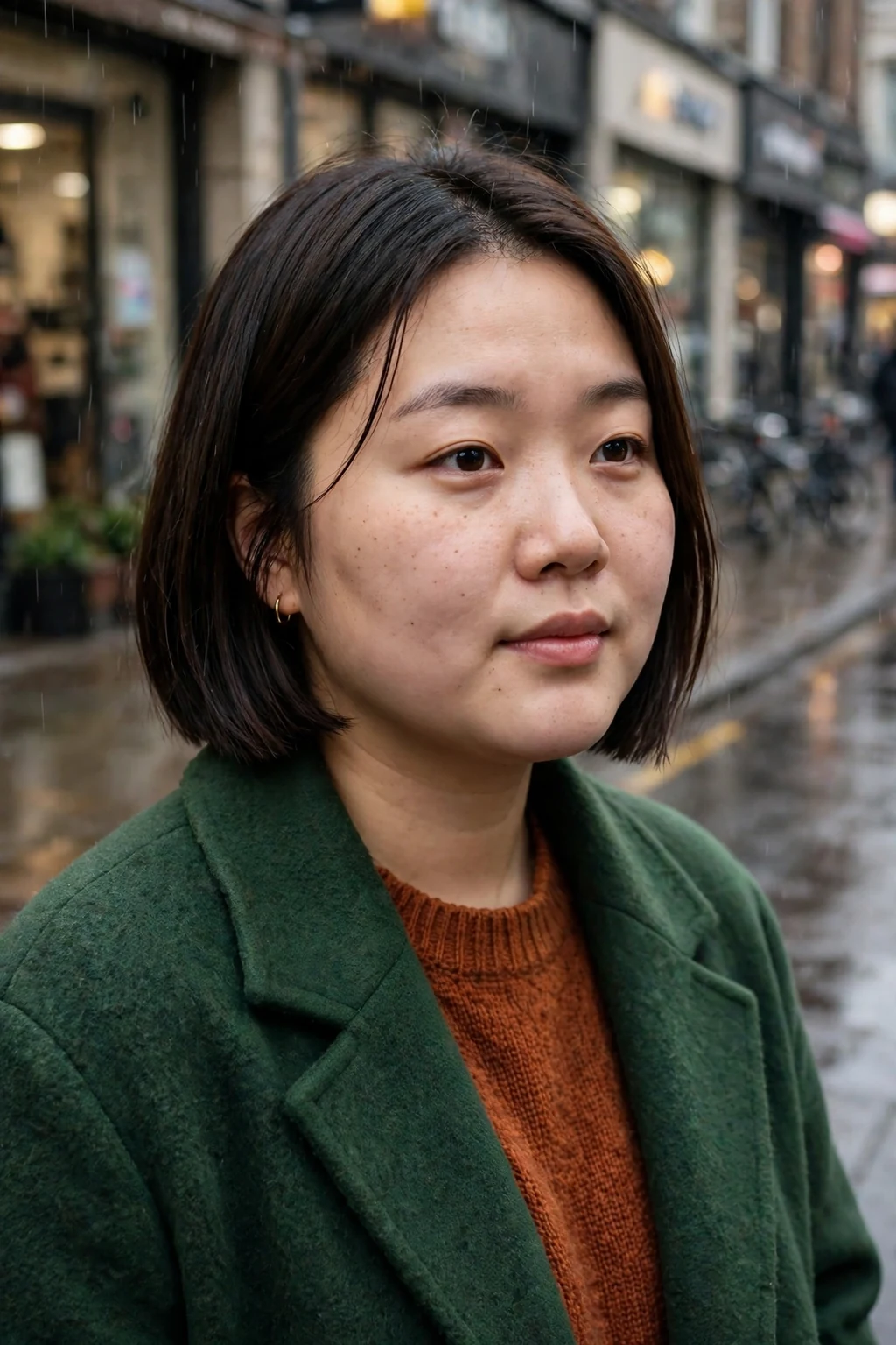 Young woman with a classic blunt bob ending at the jawline, smooth and full-looking, standing outdoors.