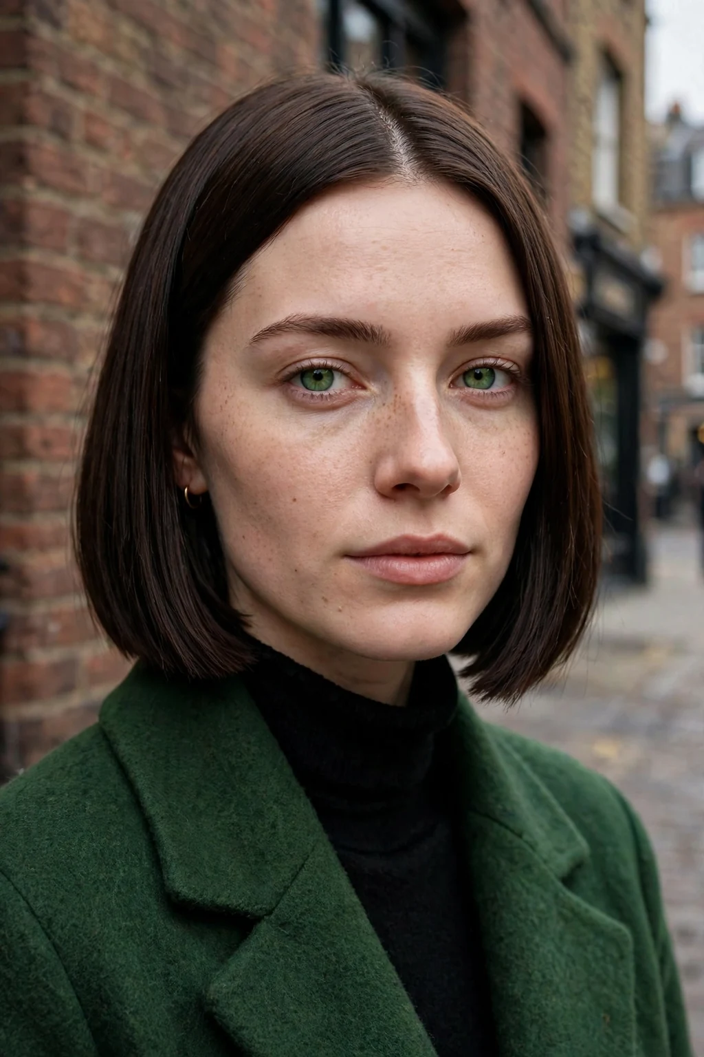 Young woman with a classic blunt bob haircut standing on a city street in a green coat.