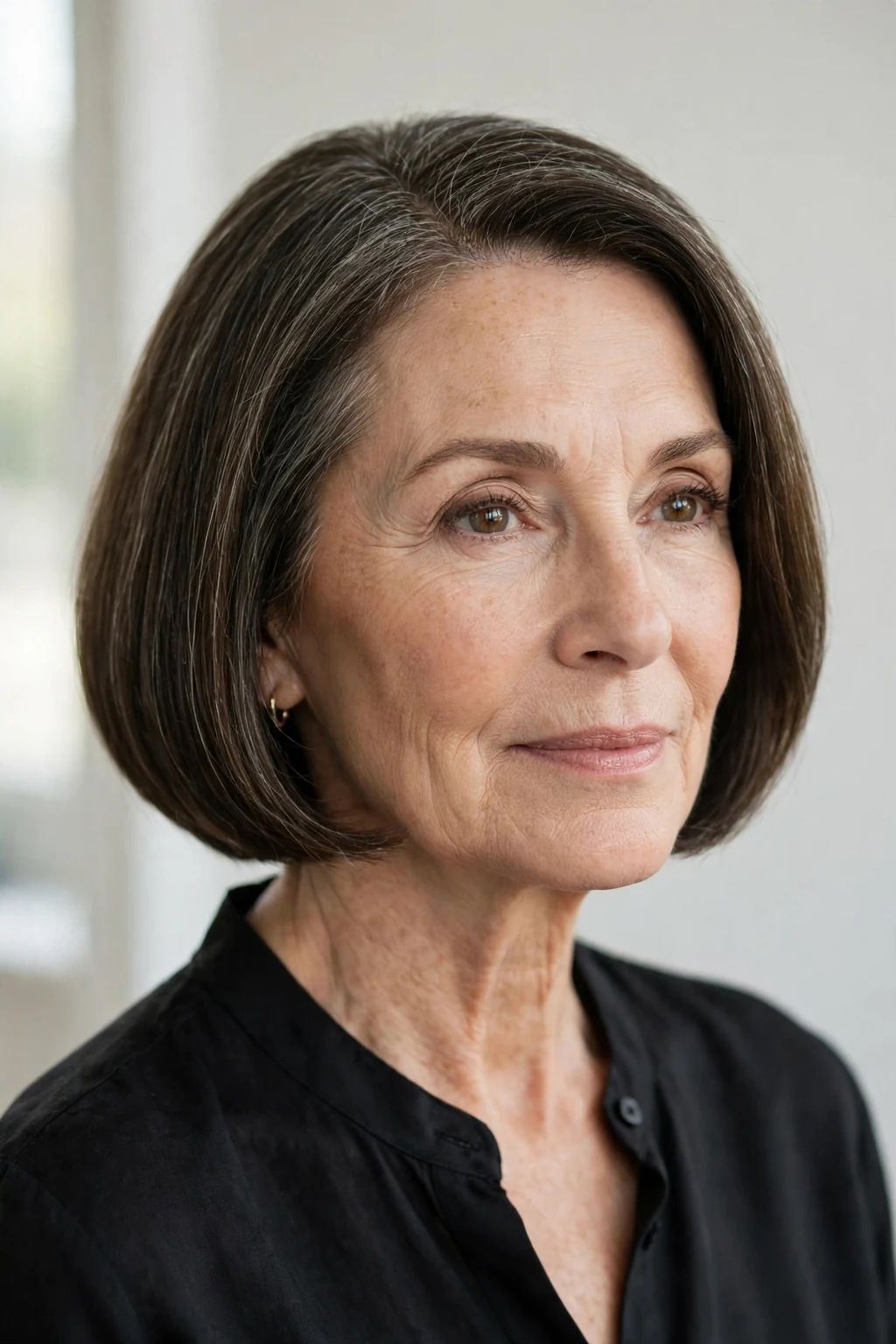 Elegant woman over 50 with classic bob, timeless beautiful cut, salon light.