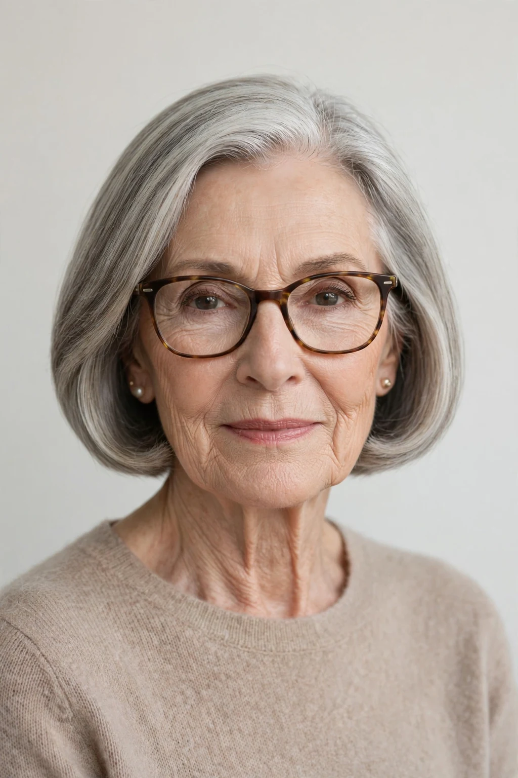 Elegant woman over 70 with glasses and classic bob, timeless beautiful cut, salon light.