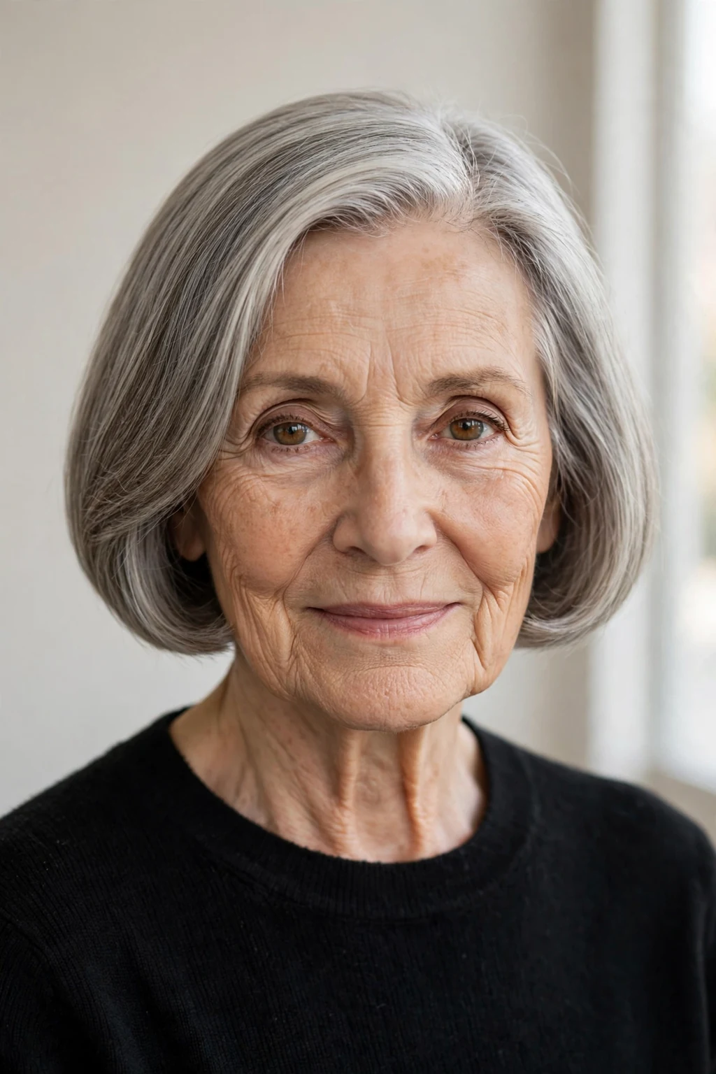 Elegant woman over 70 with classic bob, timeless beautiful cut, salon light.