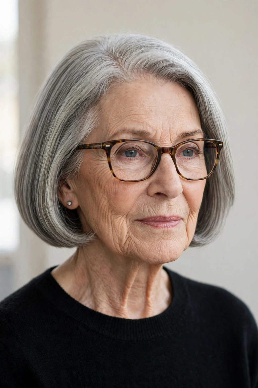 Elegant woman over 80 with glasses and classic bob, timeless beautiful cut, salon light.