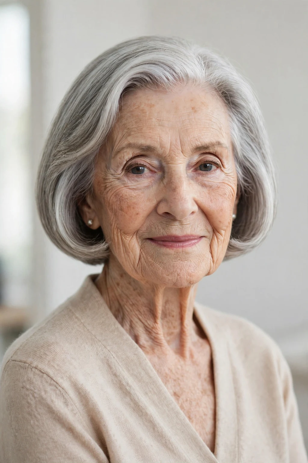 Elegant woman over 80 with classic bob, timeless beautiful cut, salon light.