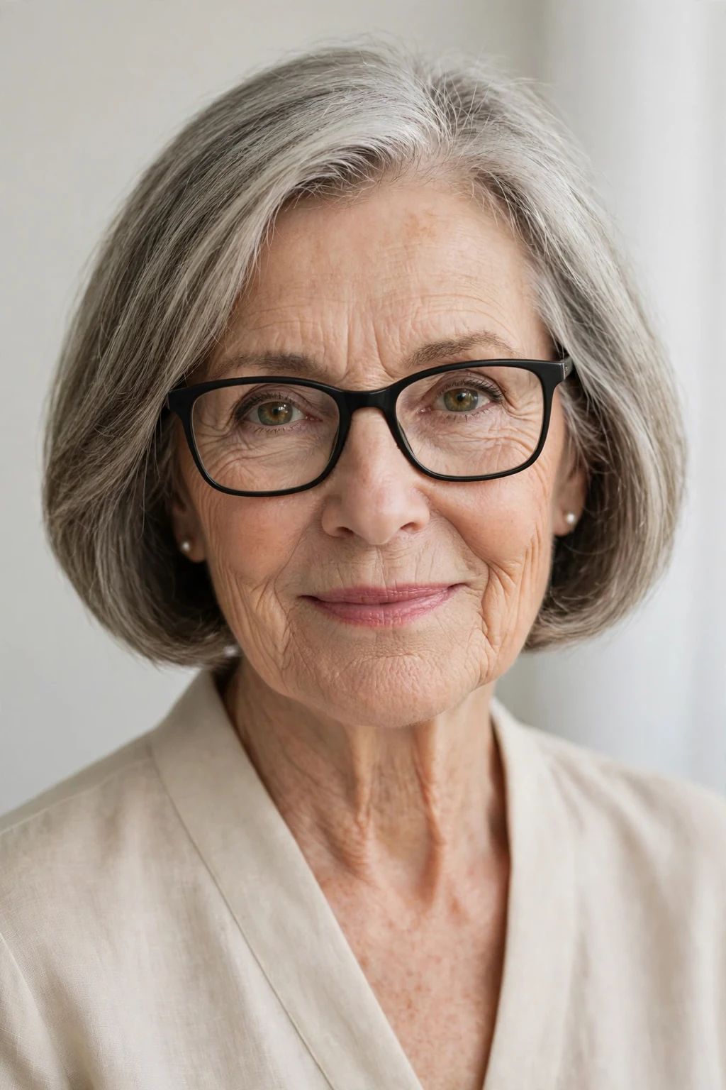 Elegant woman over 50 with fine hair and glasses and classic bob cut, timeless beautiful style, salon light.