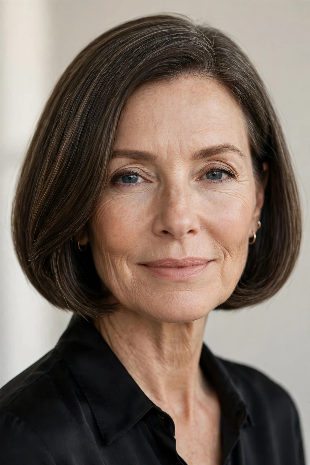 Elegant woman over 50 with classic bob, timeless beautiful cut, salon light.