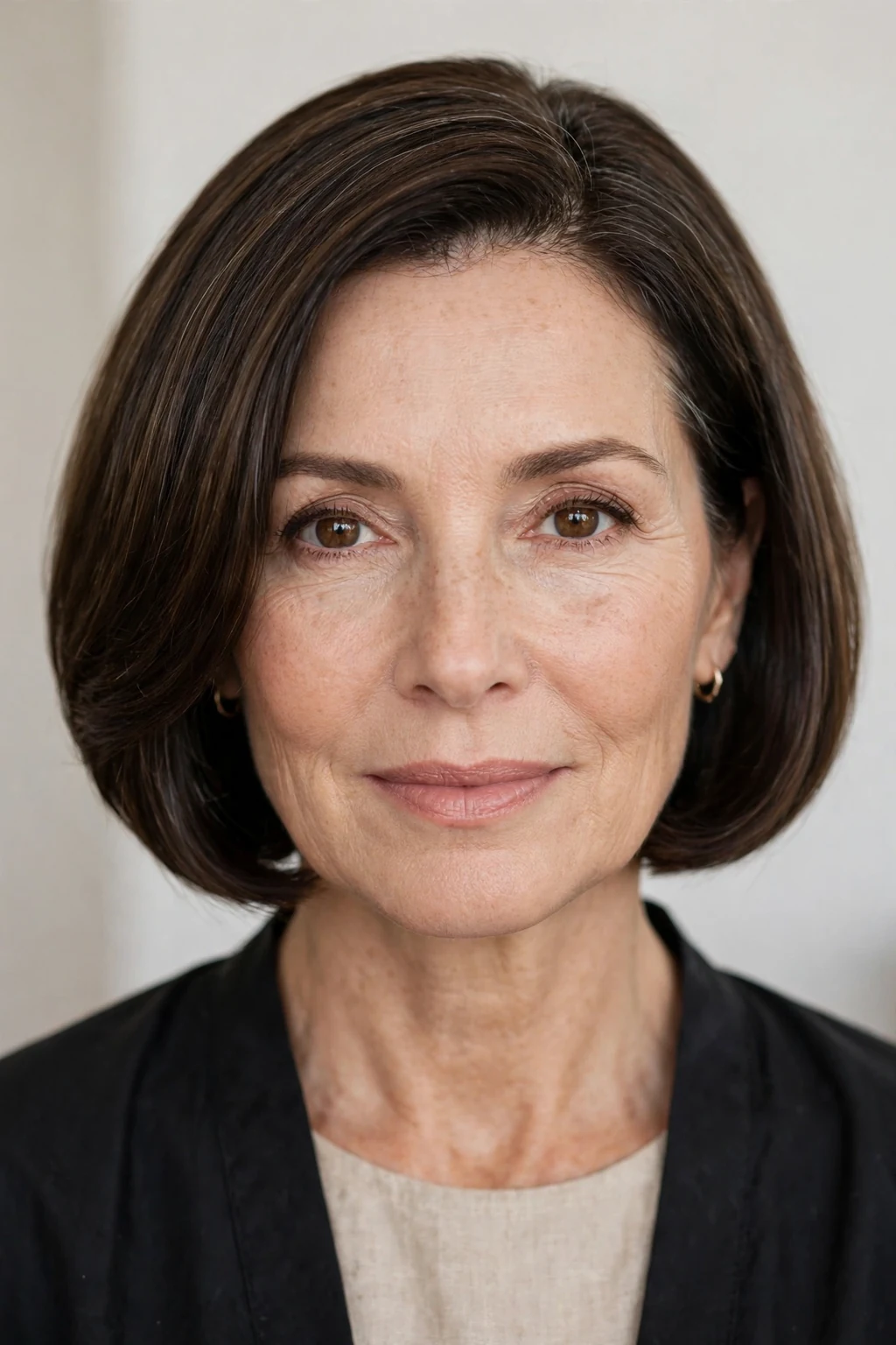Woman over 40 with classic bob-length style, timeless chin-length cut, elegant light.
