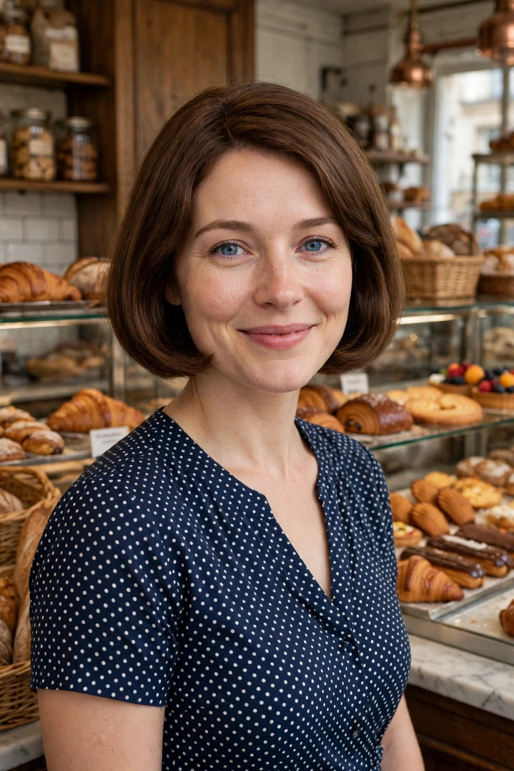 Young woman wearing a classic chin-length bob wig with a smooth polished shape.