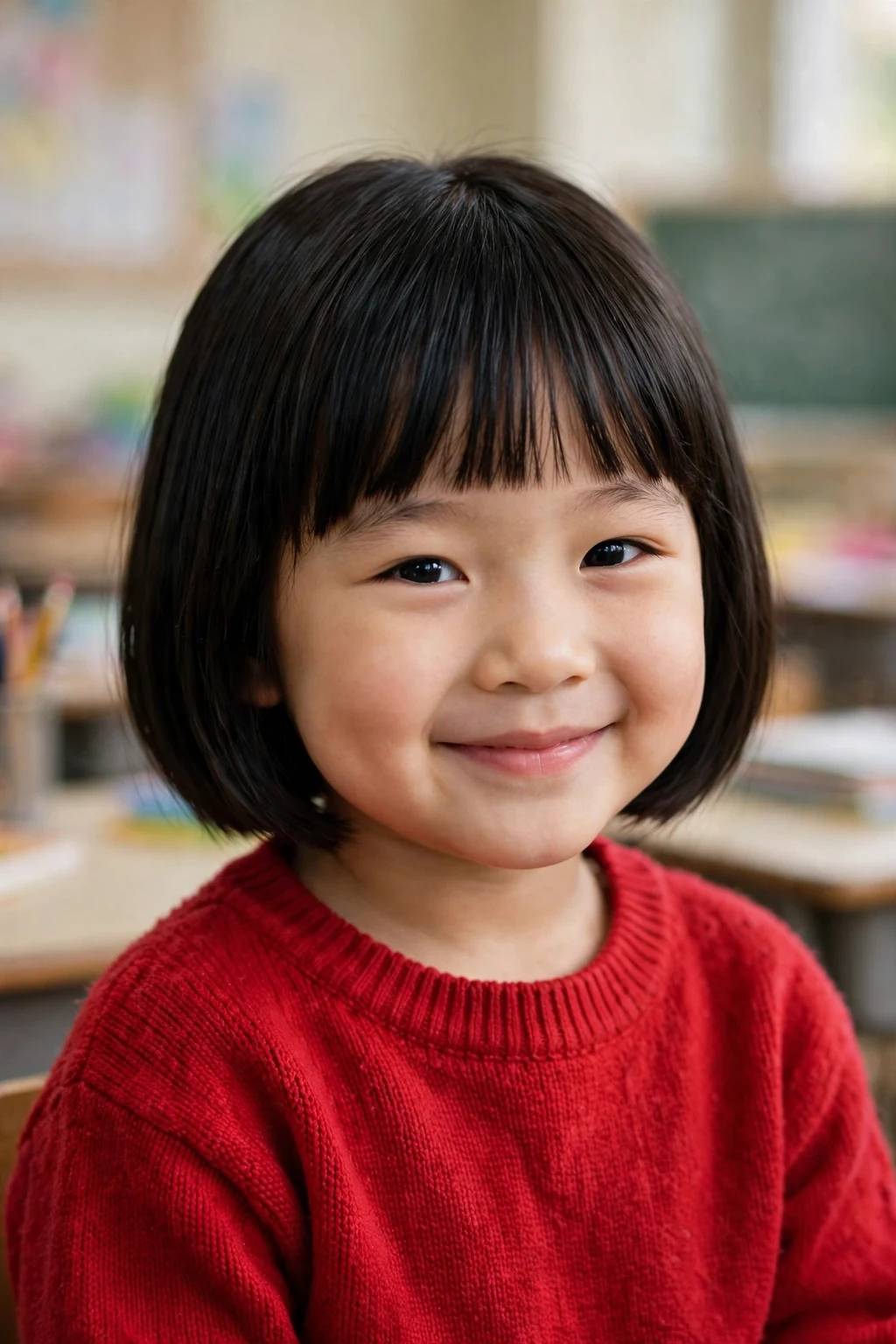A young girl with a classic bob haircut and straight bangs in a classroom.