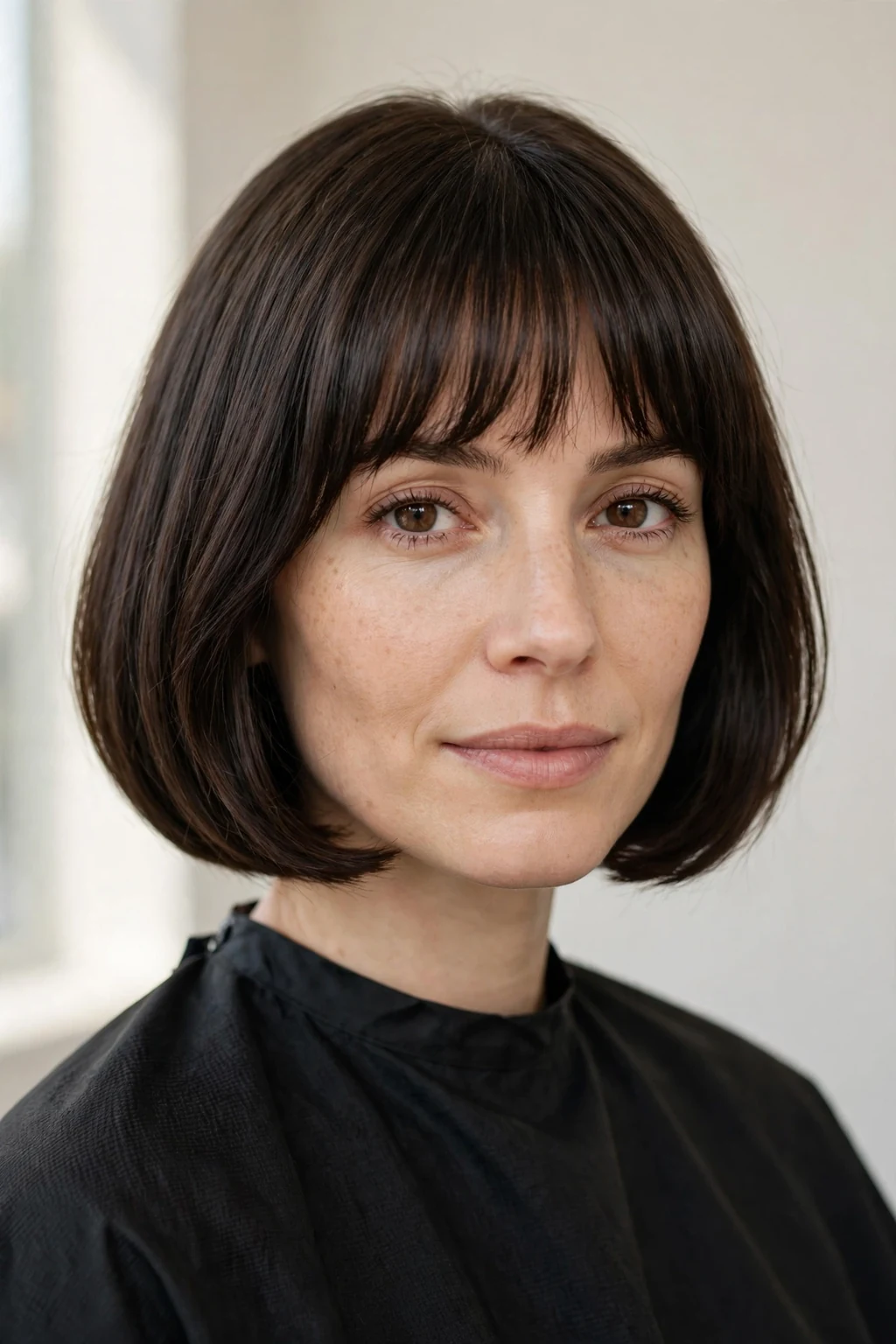 Woman with classic bob with bangs, timeless chin-length cut with fringe, salon light.