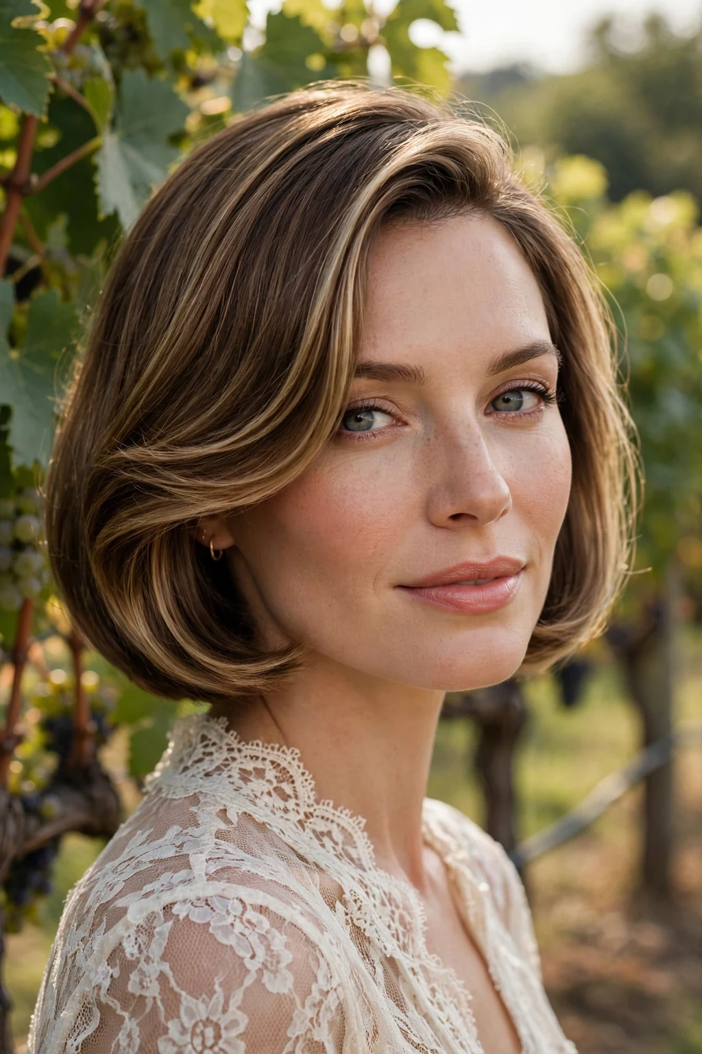Beautiful woman with classic bob with side sweep, elegant side-swept bob, charming light.
