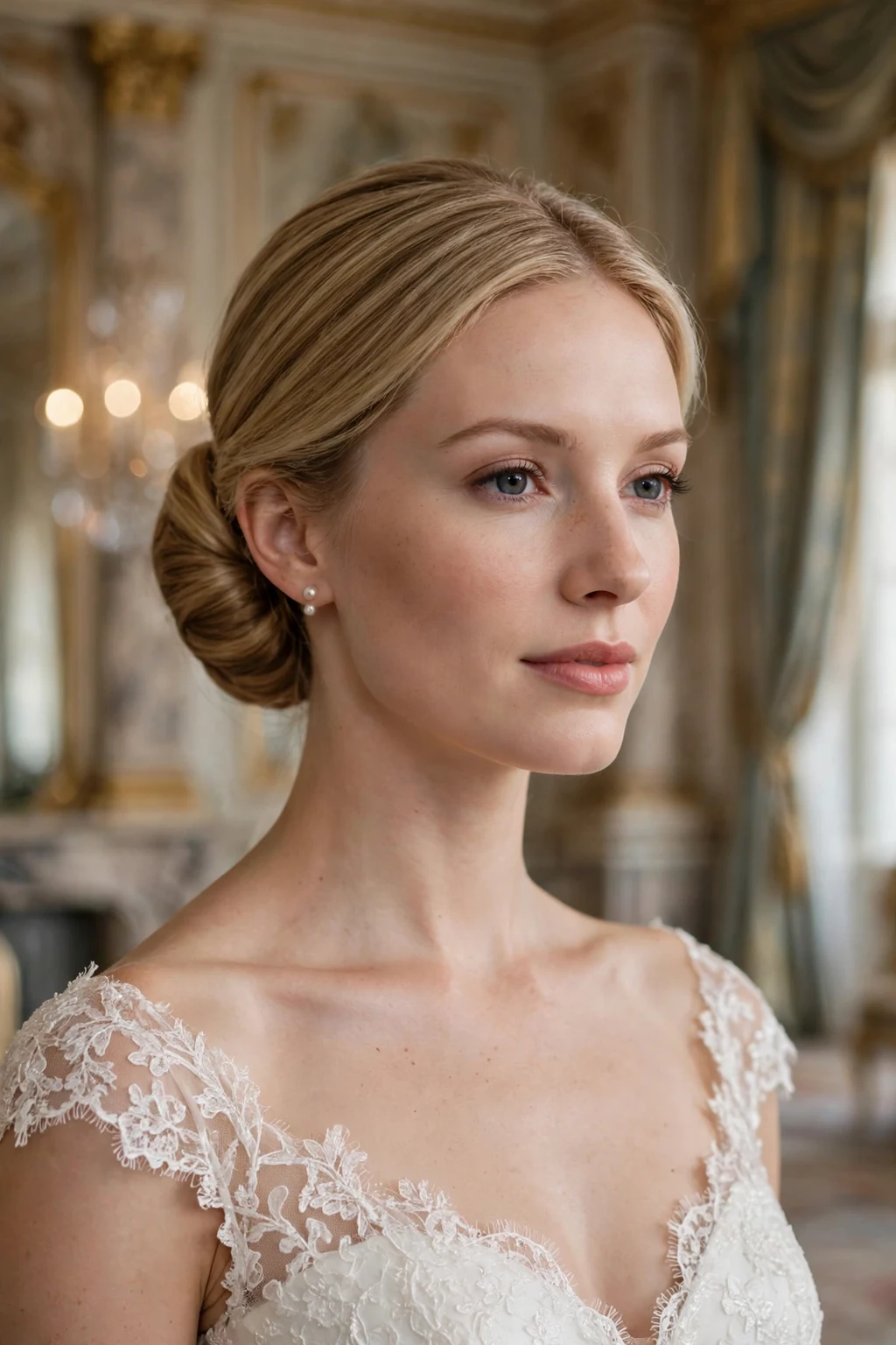 Beautiful bride with classic chignon, timeless bridal chignon, elegant light.