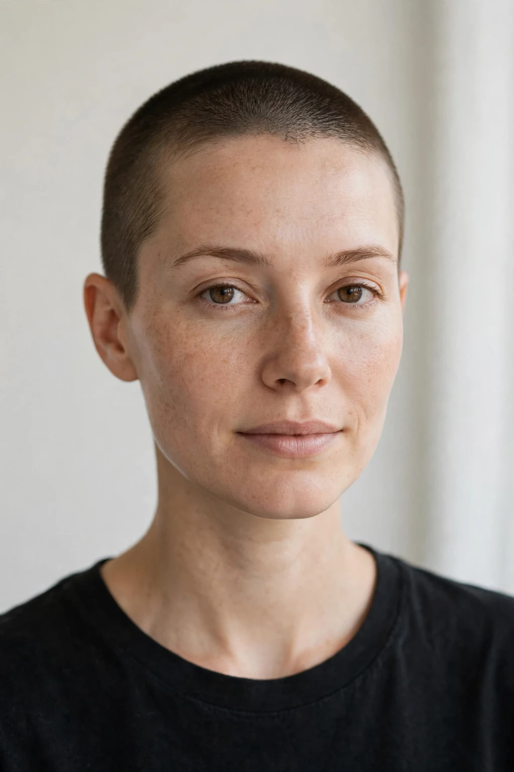 Woman with classic buzz cut, even short buzzed hair, clean studio light.