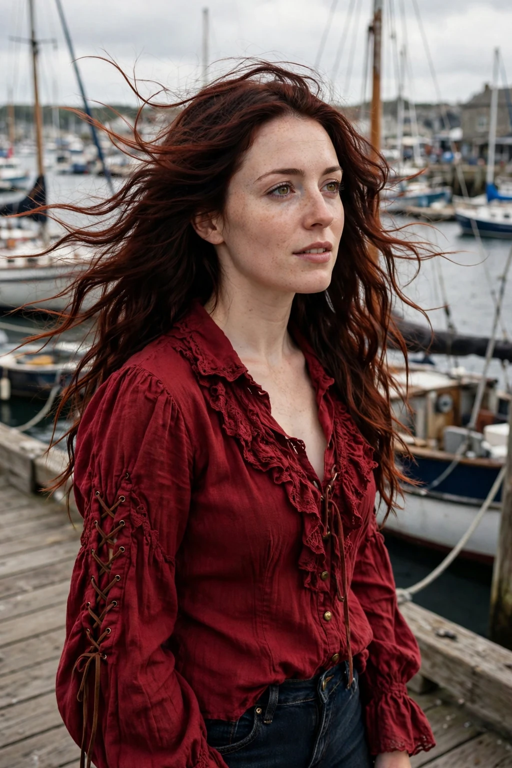 Young woman with long windswept pirate waves wearing a deep red pirate blouse on a harbor boardwalk.