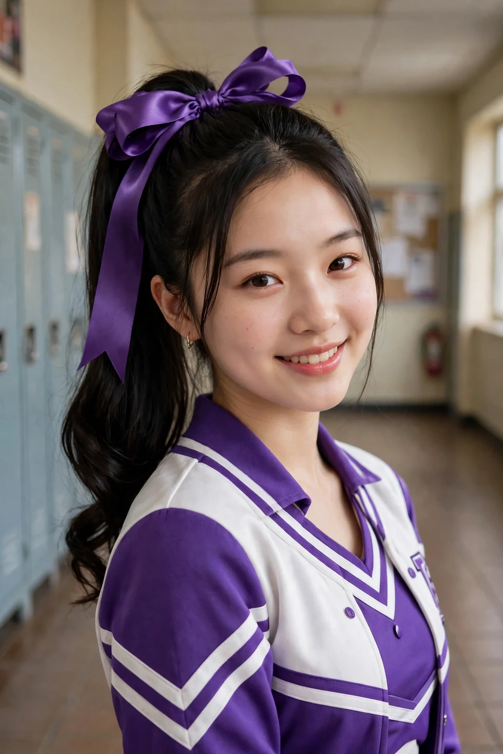 Young cheerleader with a classic curled ponytail and a large satin ribbon bow, in a bright school hallway.