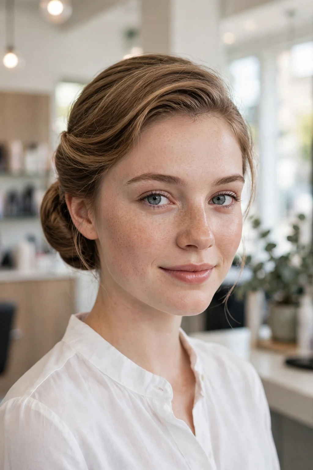 Beautiful woman with classic chignon updo, timeless chignon, elegant light.