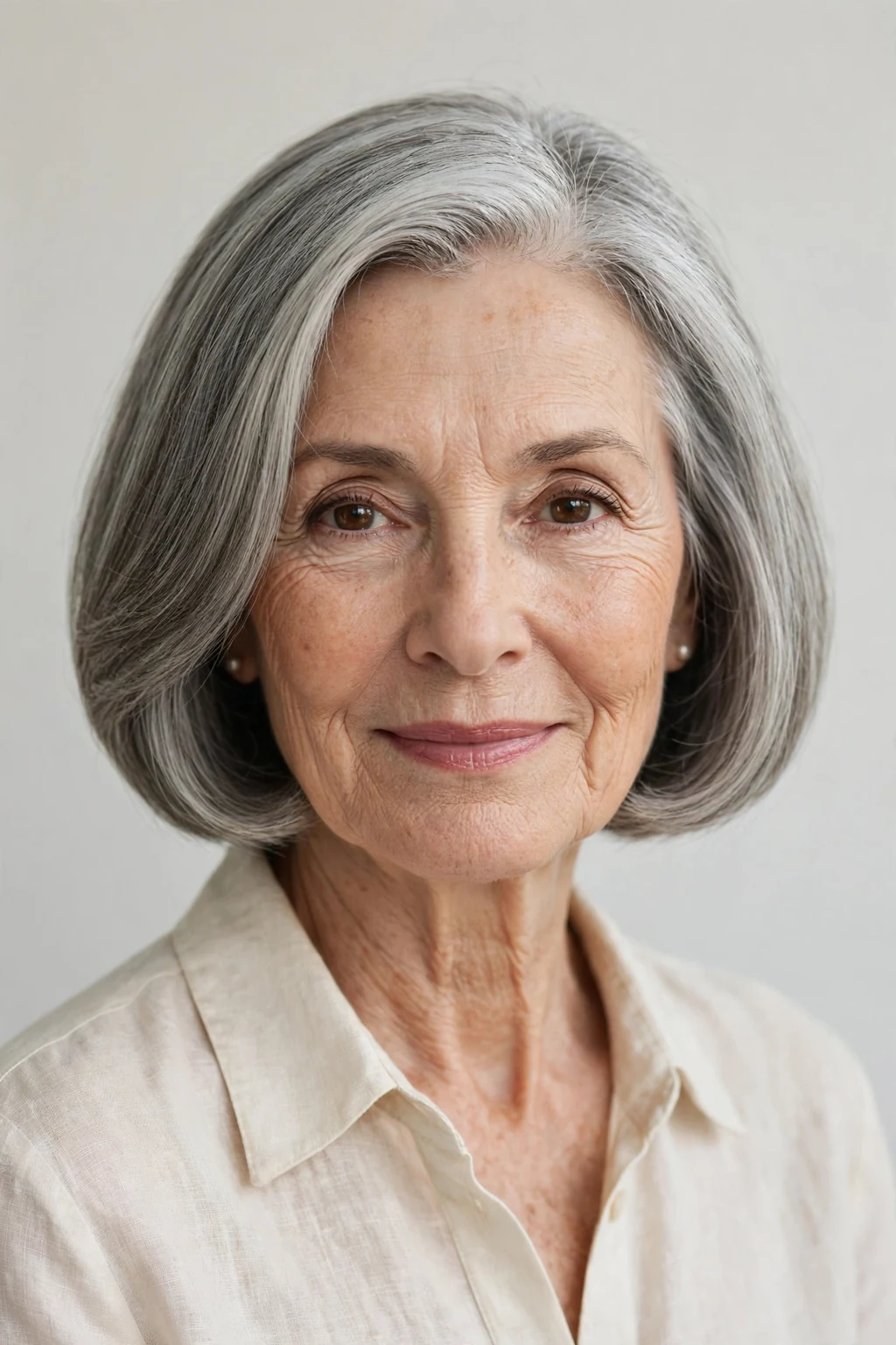 Elegant woman over 60 with classic chin-length bob, timeless beautiful cut, salon light.