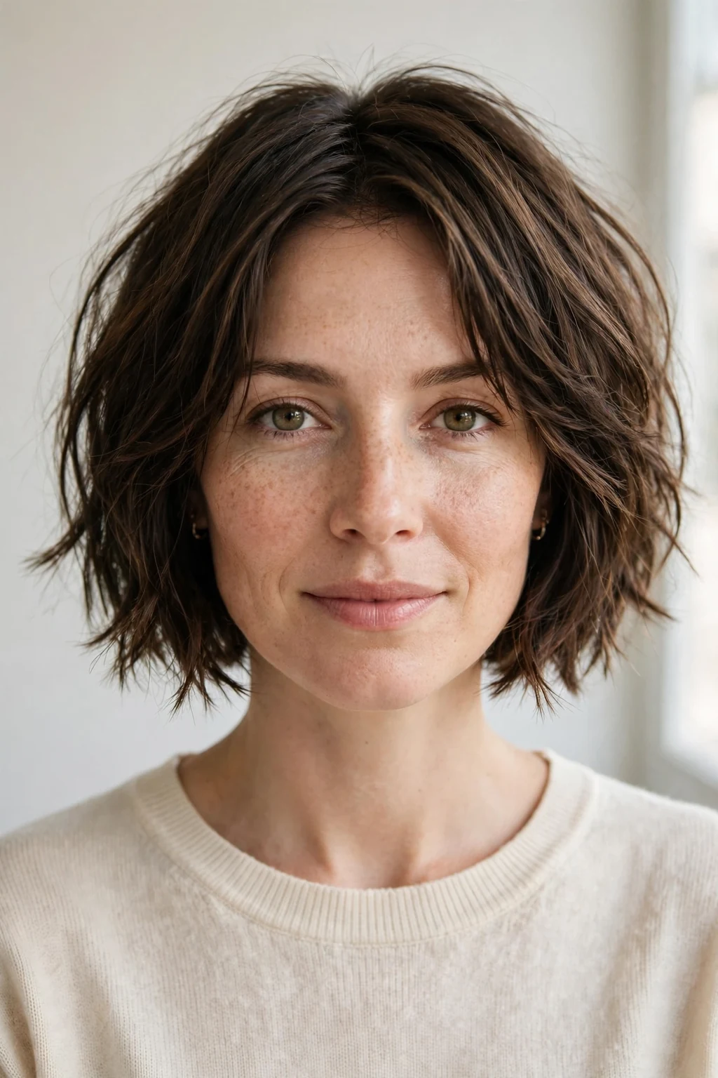 Woman with a classic choppy bob, textured ends and natural movement, soft salon lighting.