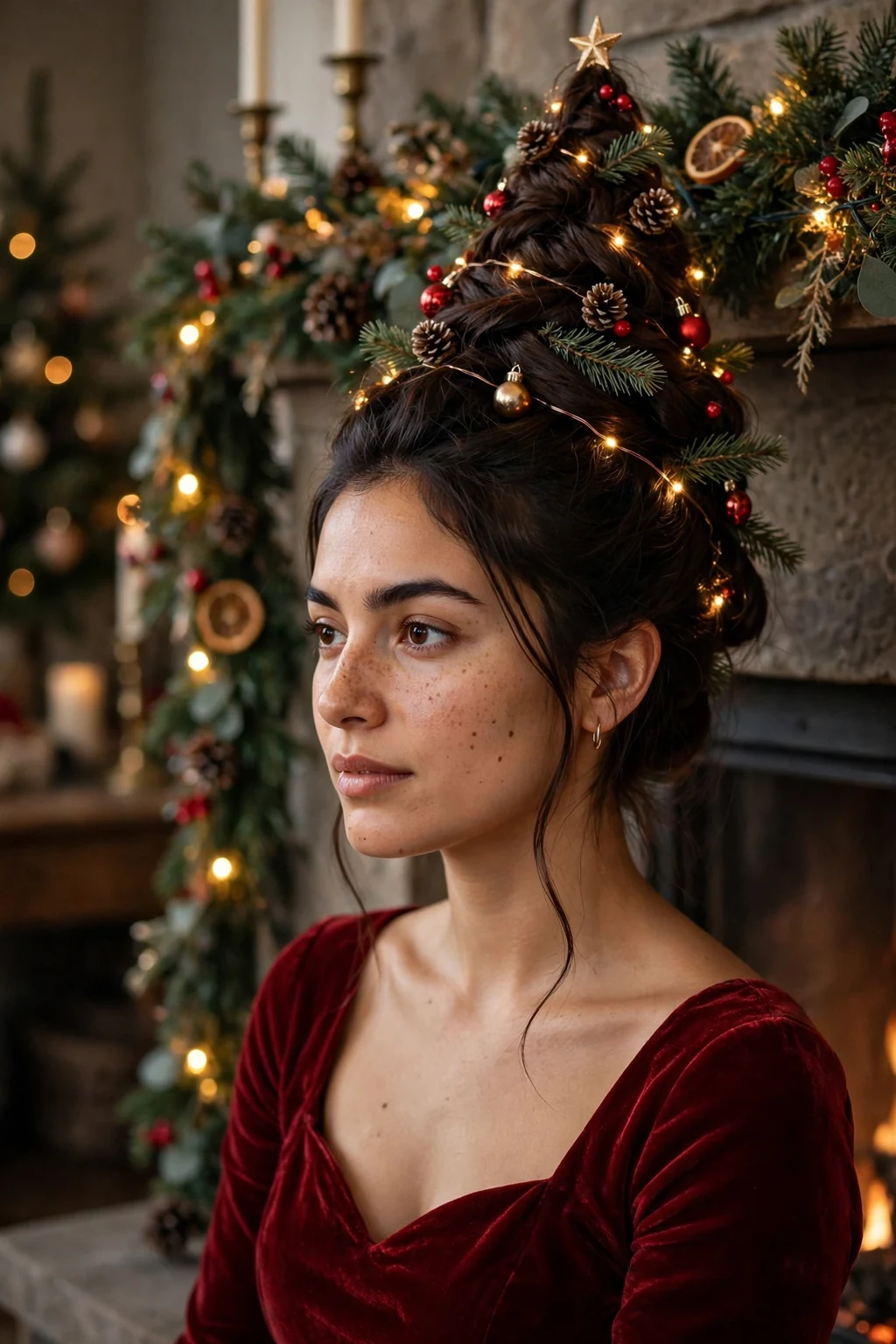Young woman with classic christmas tree updo hairstyle, festive holiday look.
