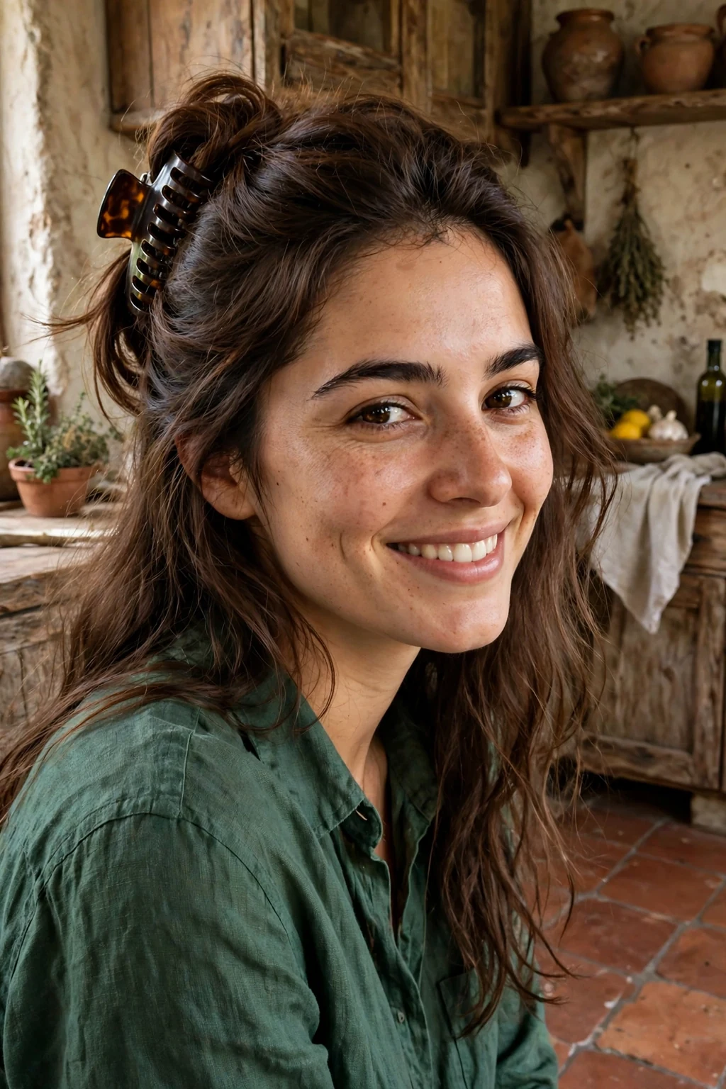 A young woman with long brown hair twisted up and secured with a classic tortoiseshell claw clip.