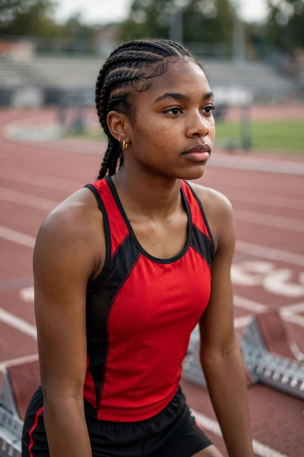 A young woman athlete with classic cornrows on a track.