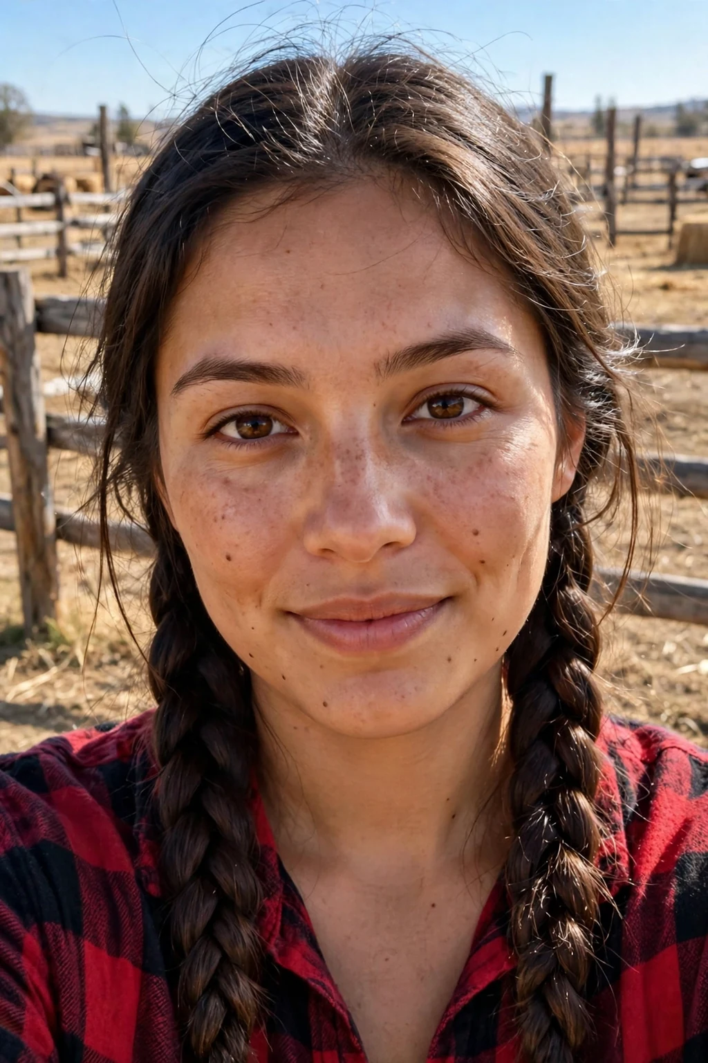 Young woman with classic cowgirl braids, wearing a plaid shirt at a ranch.