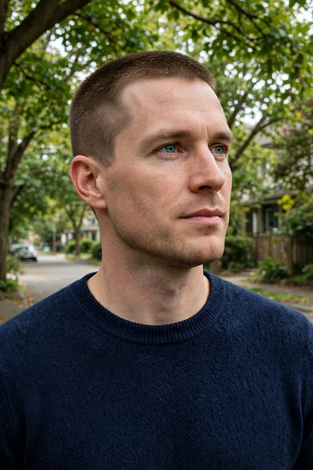 Man in his early 30s with a classic crew cut, wearing a navy sweater outdoors.