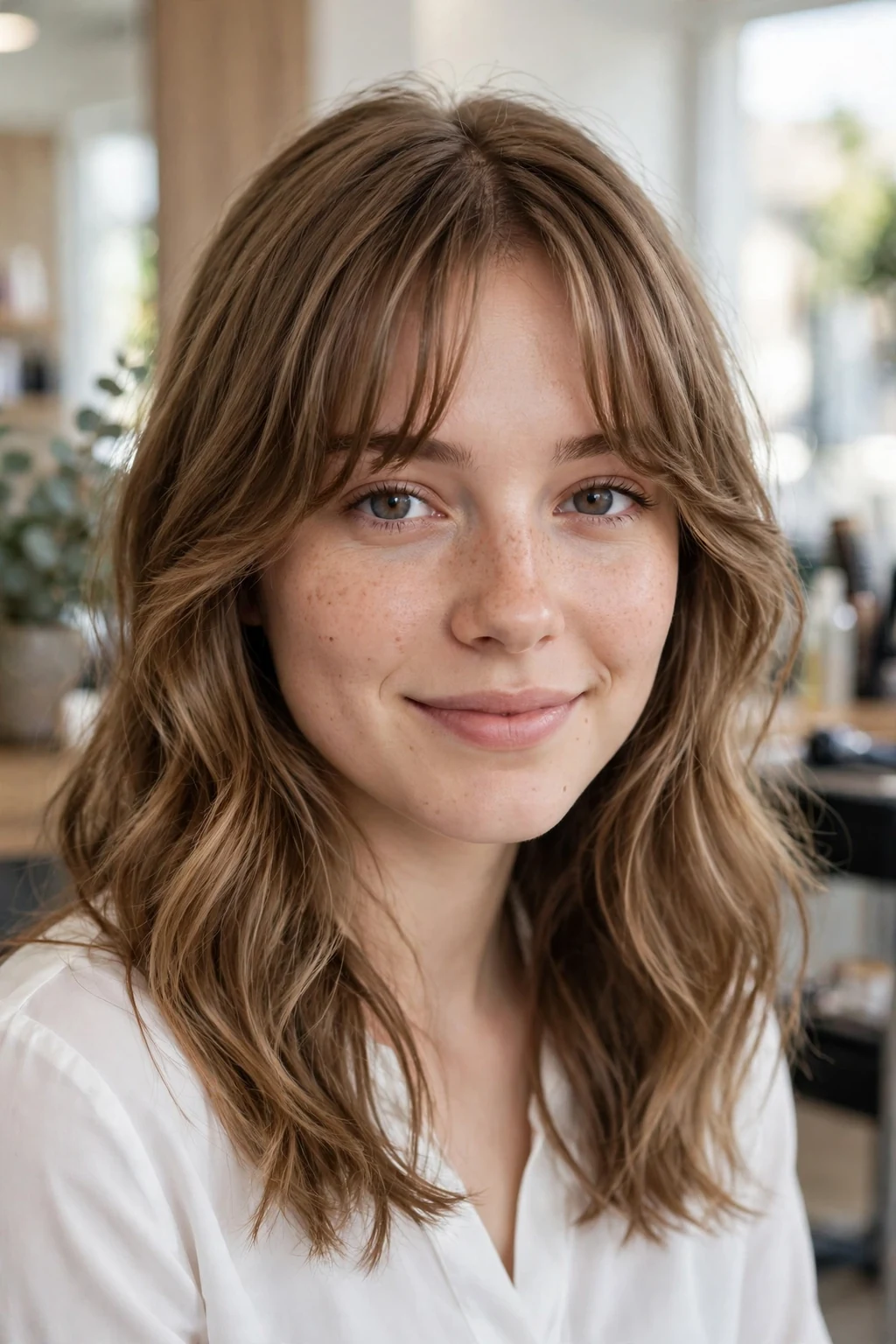 Beautiful woman with classic curtain bangs, timeless curtain bangs, salon light.