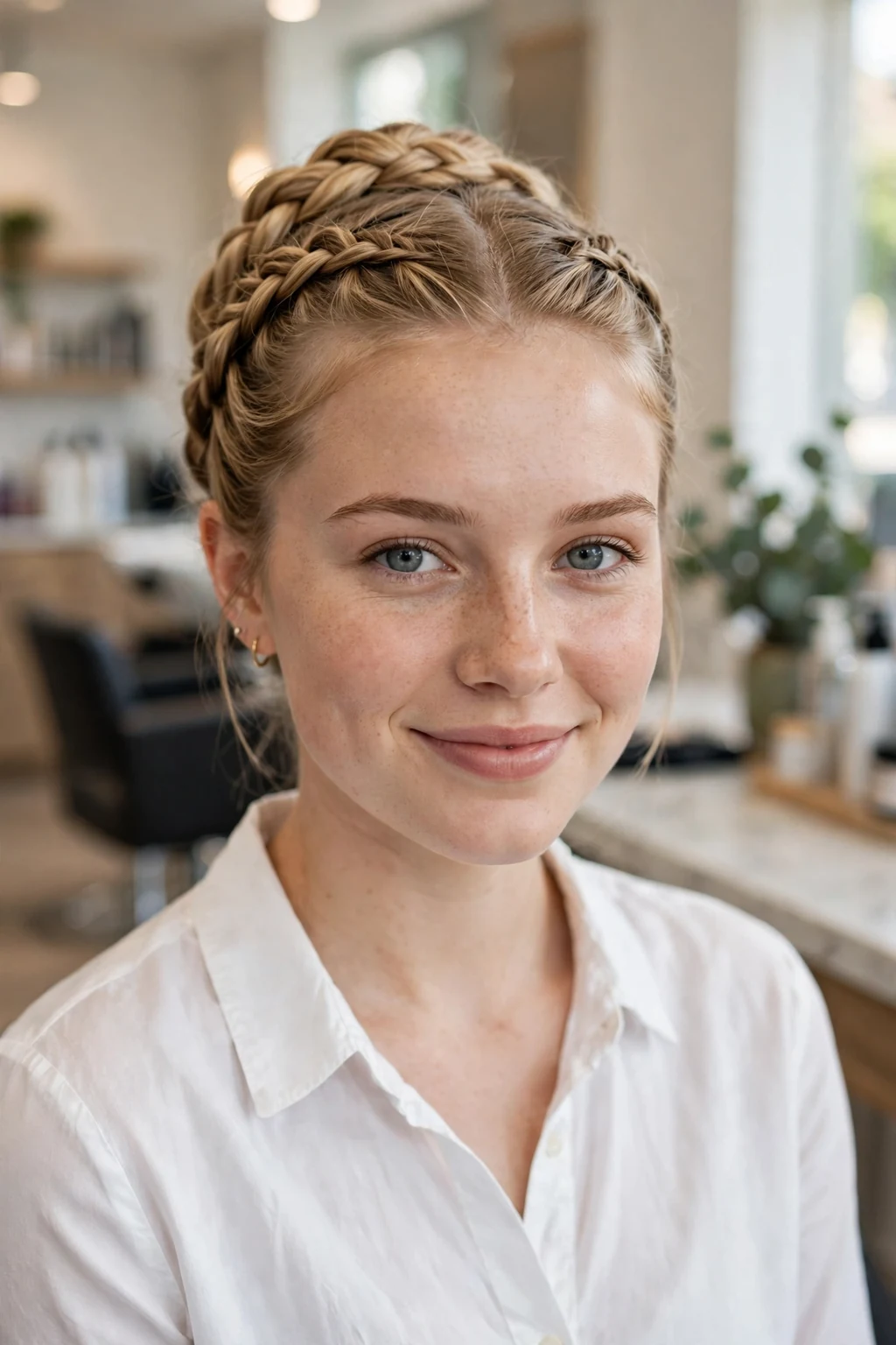 Beautiful woman with classic double dutch braid updo, timeless double dutch braids, salon light.