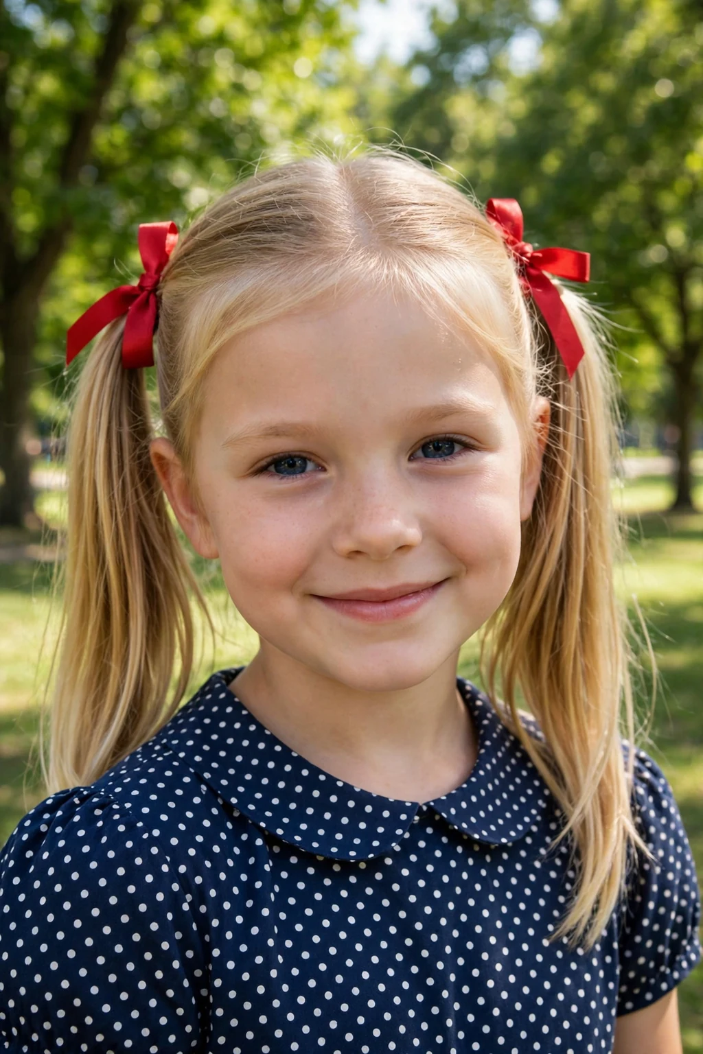A smiling young girl with classic double pigtails tied with colorful ribbons in a sunny park.