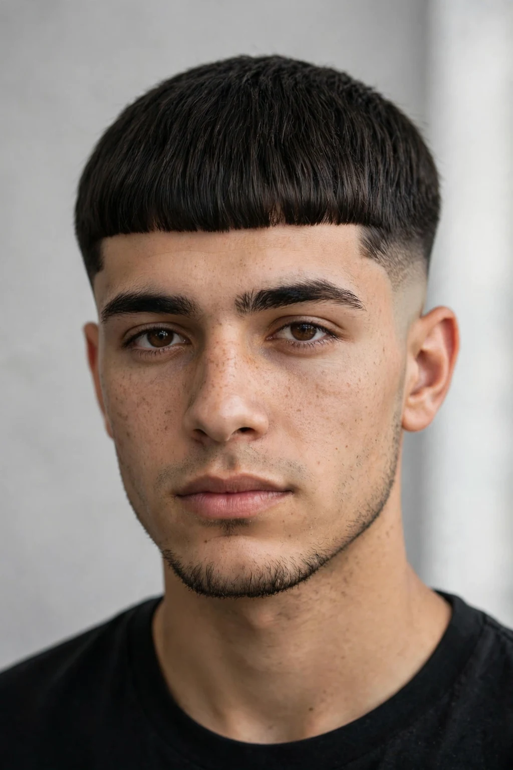 Young man with a classic Edgar cut, blunt straight fringe with faded sides, barbershop lighting.